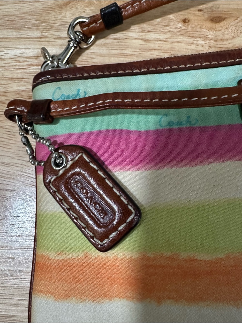 Coach Striped Multicolor Canvas Wristlet with Brown Leather Trim - Picture 9 of 15